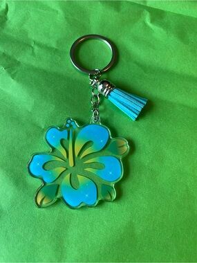 🌸 Blue and Teal Hibiscus Keychain / Bag Charm with Tassel